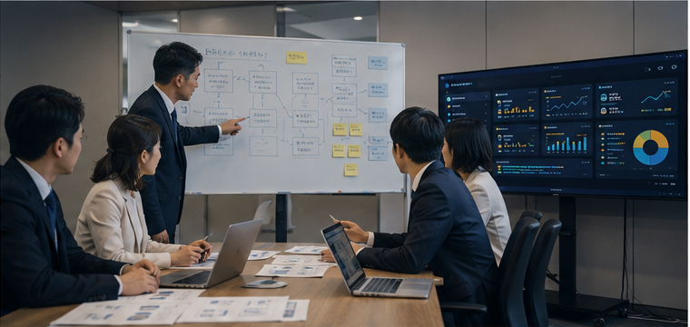 会議室で業務フローとダッシュボードを確認するDX顧問の実務シーン